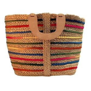 Antik Kraft Anthropologie Rainbow multicolored Striped Woven Jute Bag Purse with